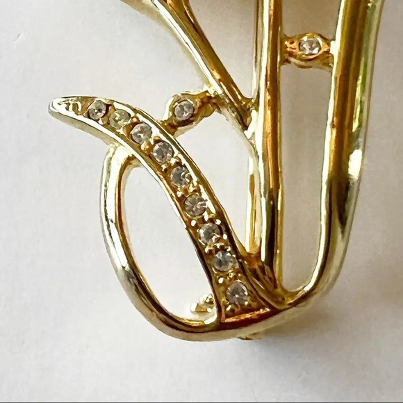 Vintage Costume Brooch‎ Double Pearl Lily Rhinestones Goldtone Pin Floral 80s - Picture 2 of 6